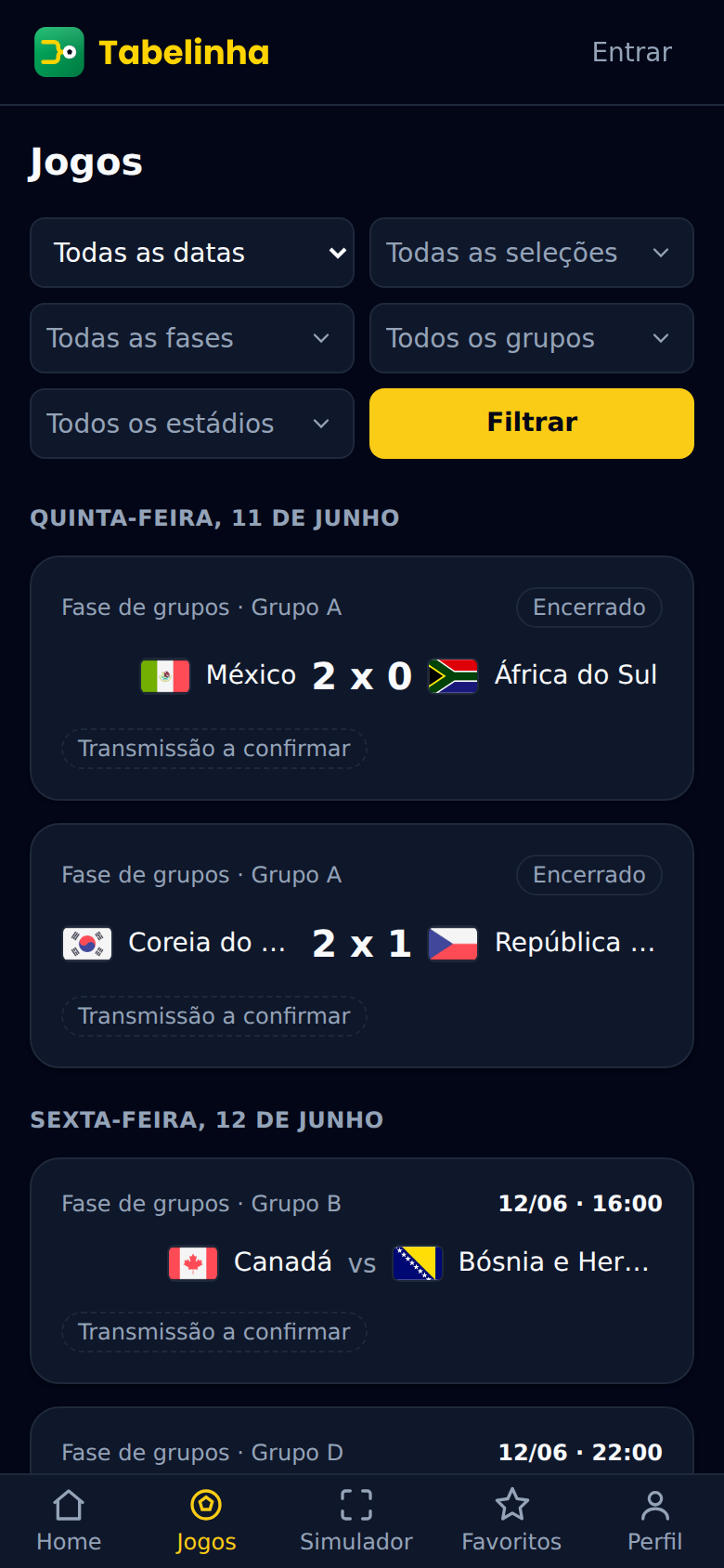 Tela da agenda de jogos do Tabelinha com filtros e cartões de partidas
