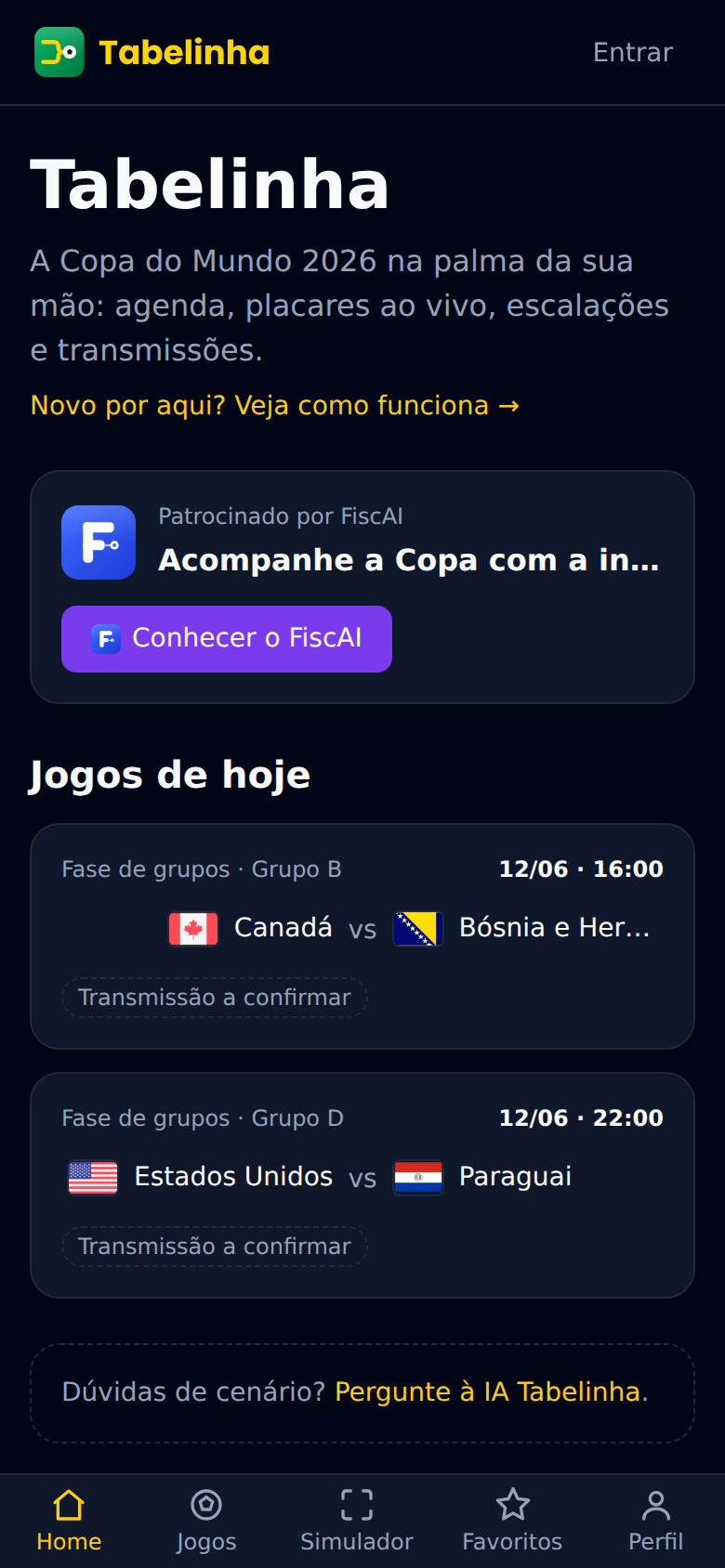 Tela inicial do Tabelinha com os jogos do dia e placares ao vivo