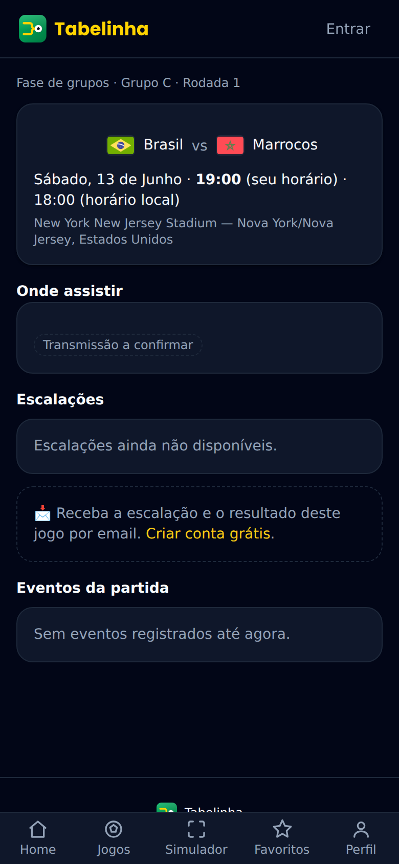 Tela de detalhe de um jogo no Tabelinha com placar, escalações e transmissões