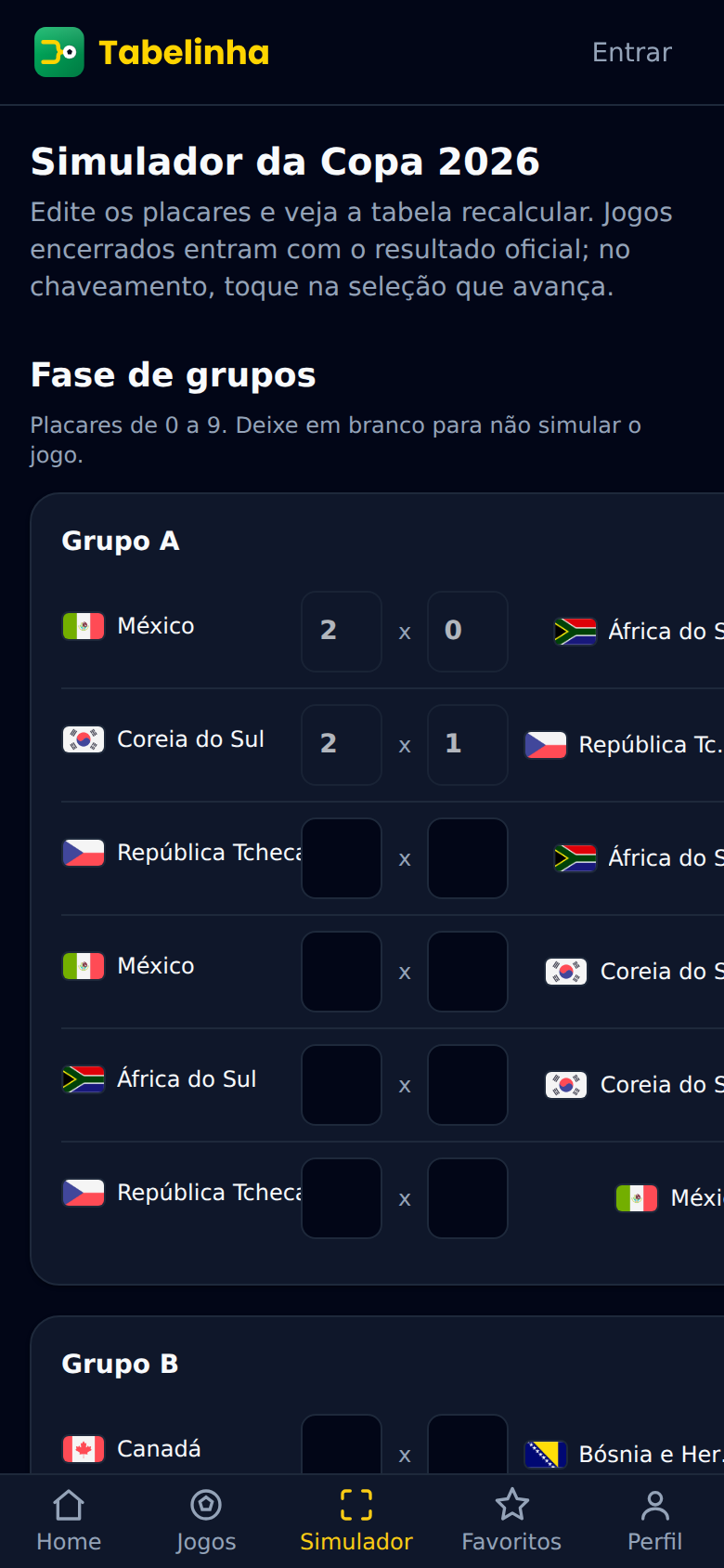 Tela do simulador do Tabelinha com grupos editáveis e classificação recalculada